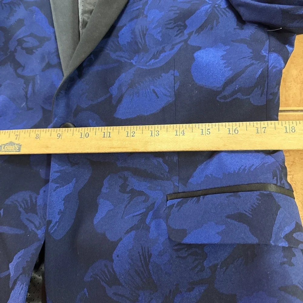 J.Ferrar Mens Blue Black Floral Stretch Fabric 38S Slim Fit Tuxedo Jacket Blazer